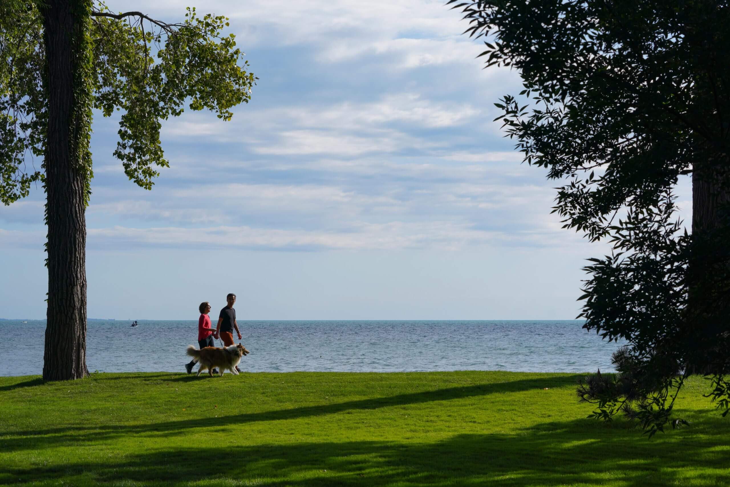 Two people walk a dog along the Lake St. Clair shoreline on the grounds at Ford House, framed by trees and open sky.