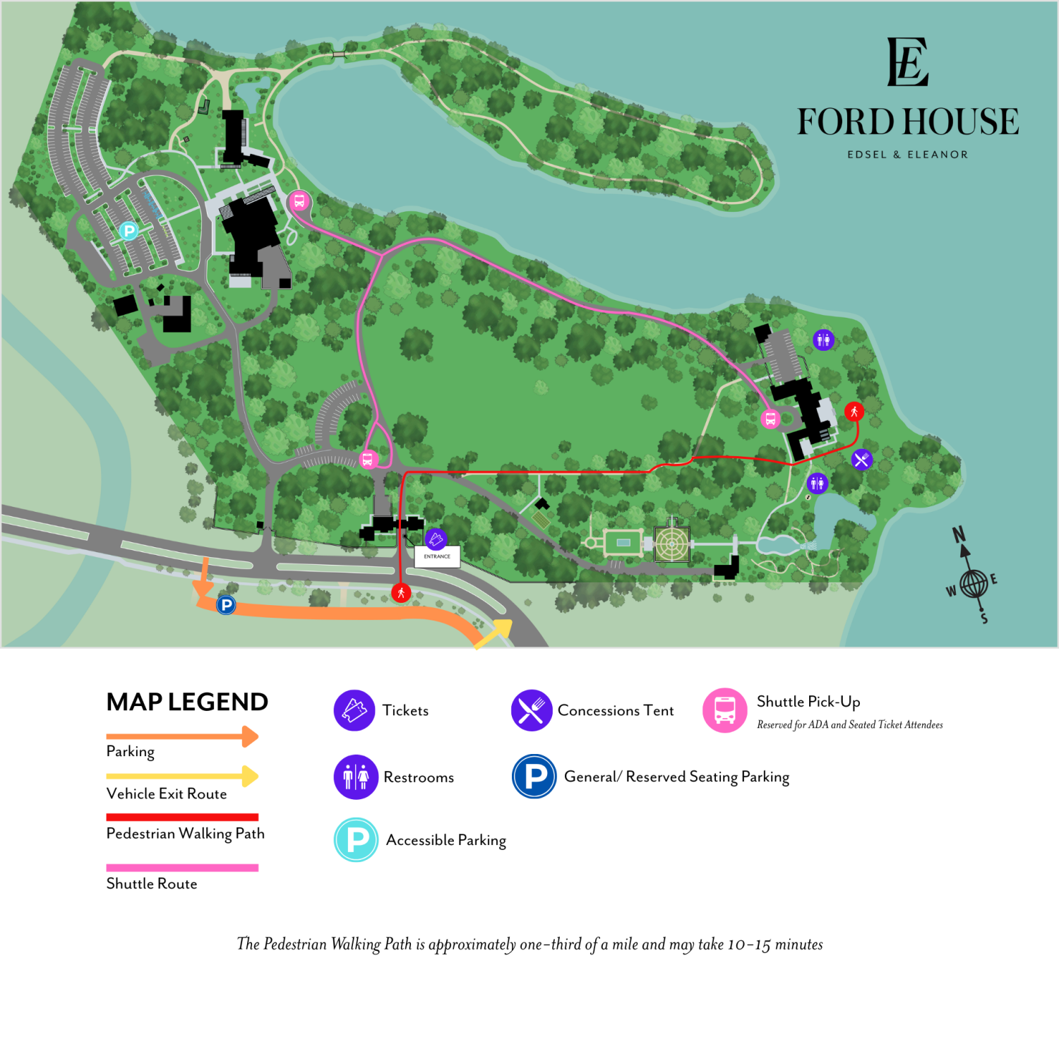 Ford House Outdoor Summer Concert map showing parking areas, shuttle route for ADA guests, pedestrian walking path of about one-third mile, and locations for tickets, restrooms, concessions, and beverages.