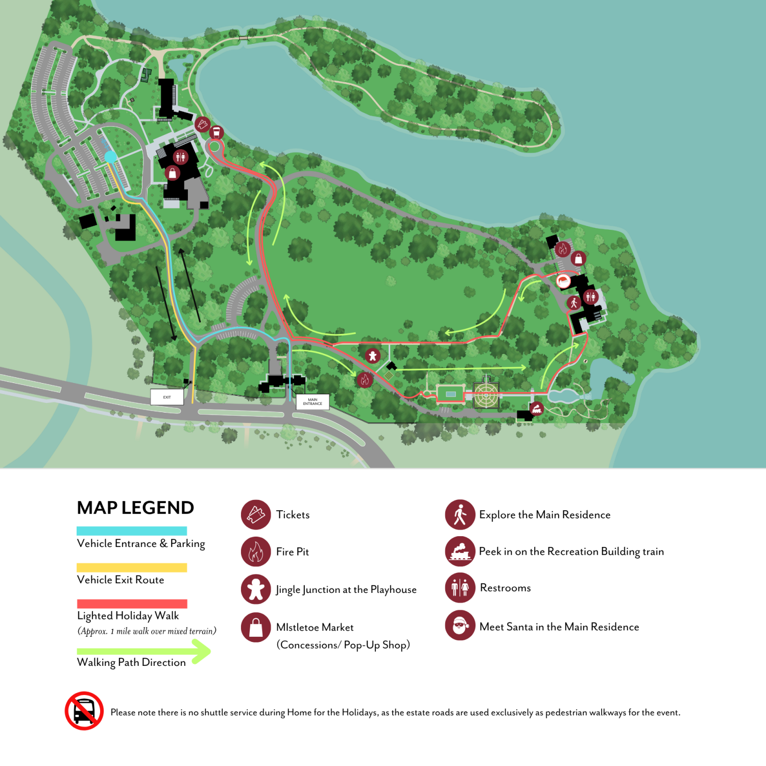 Illustrated map of Ford House’s Home for the Holidays lighted walk. The map highlights the one-mile pedestrian route through the estate grounds, with icons marking tickets, concessions, fire pits, restrooms, and merchandise. Key attractions include Jingle Junction at the Playhouse, meeting Santa in the Main Residence, and peeking at the train display in the Recreation Building. The legend explains walking path directions, parking, vehicle exit routes, and event amenities.