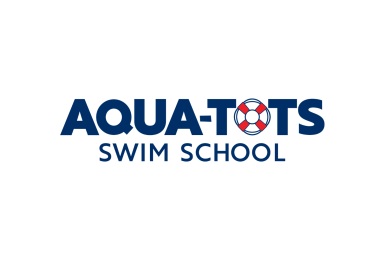 Logo for Aqua-Tots Swim School featuring bold blue text with a red and white lifesaver in place of the letter “O”.