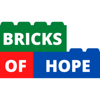Bricks of Hope logo designed with colorful stacked toy bricks in green, red, and blue, spelling out the organization’s name.