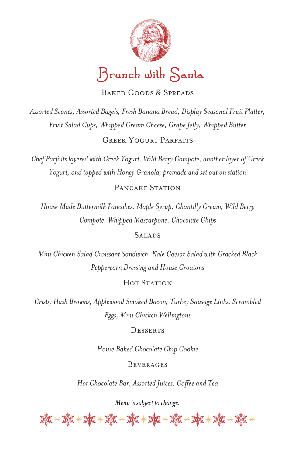 Menu design for Brunch with Santa at Ford House featuring a vintage red illustration of Santa at the top, decorative snowflake borders, and neatly organized sections listing baked goods, parfaits, pancakes, salads, hot dishes, desserts, and beverages.