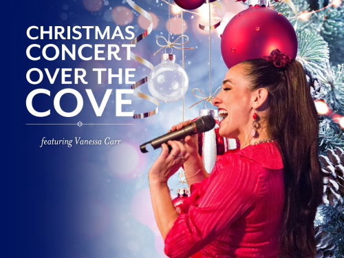 Festive image of singer Vanessa Carr in a red outfit, holding a microphone and performing in front of a decorated tree with silver and red ornaments. Text reads: “Christmas Concert Over the Cove featuring Vanessa Carr.”