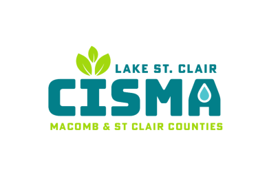 Lake St. Clair CISMA logo with teal and green text and leaf icons, representing conservation efforts in Macomb and St. Clair counties.