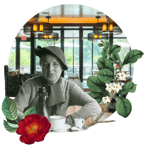 Vintage photo of Eleanor Ford seated at a table with tea, overlaid on a modern dining room scene with floral illustrations framing the composition.
