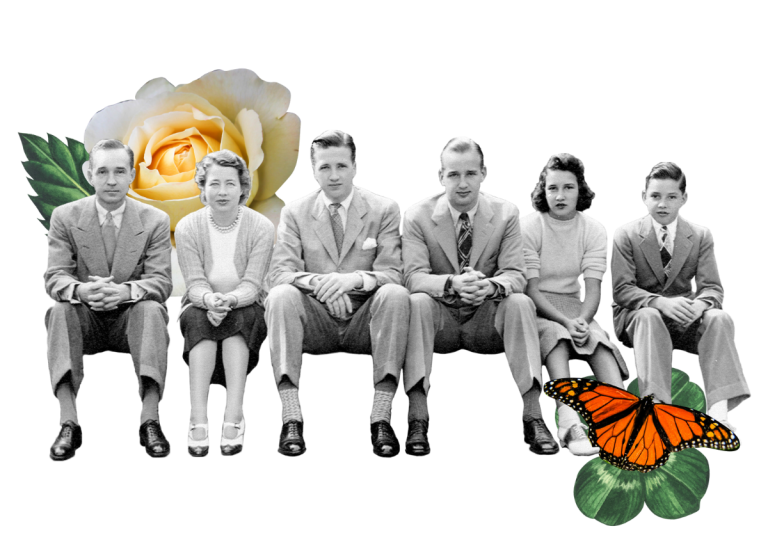 Black-and-white photo collage of the Ford Family — Edsel Ford, Eleanor Ford, Henry Ford II, Benson Ford, Josephine Ford, and William Clay Ford — seated in a row, with a large yellow rose behind them on the left and a monarch butterfly on green leaves on the right.