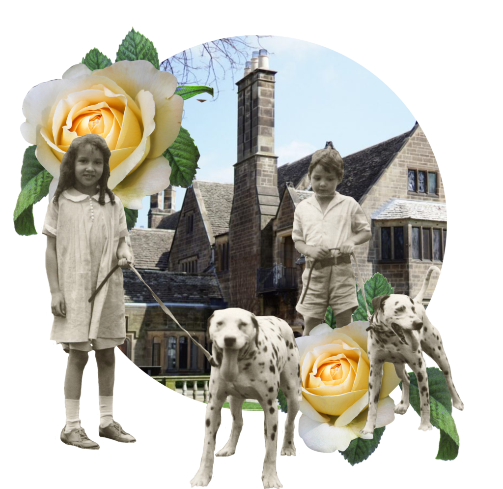 Vintage collage featuring Josephine and William Clay Ford as children with their two dalmatians in front of the historic Ford House, adorned with yellow and white roses.