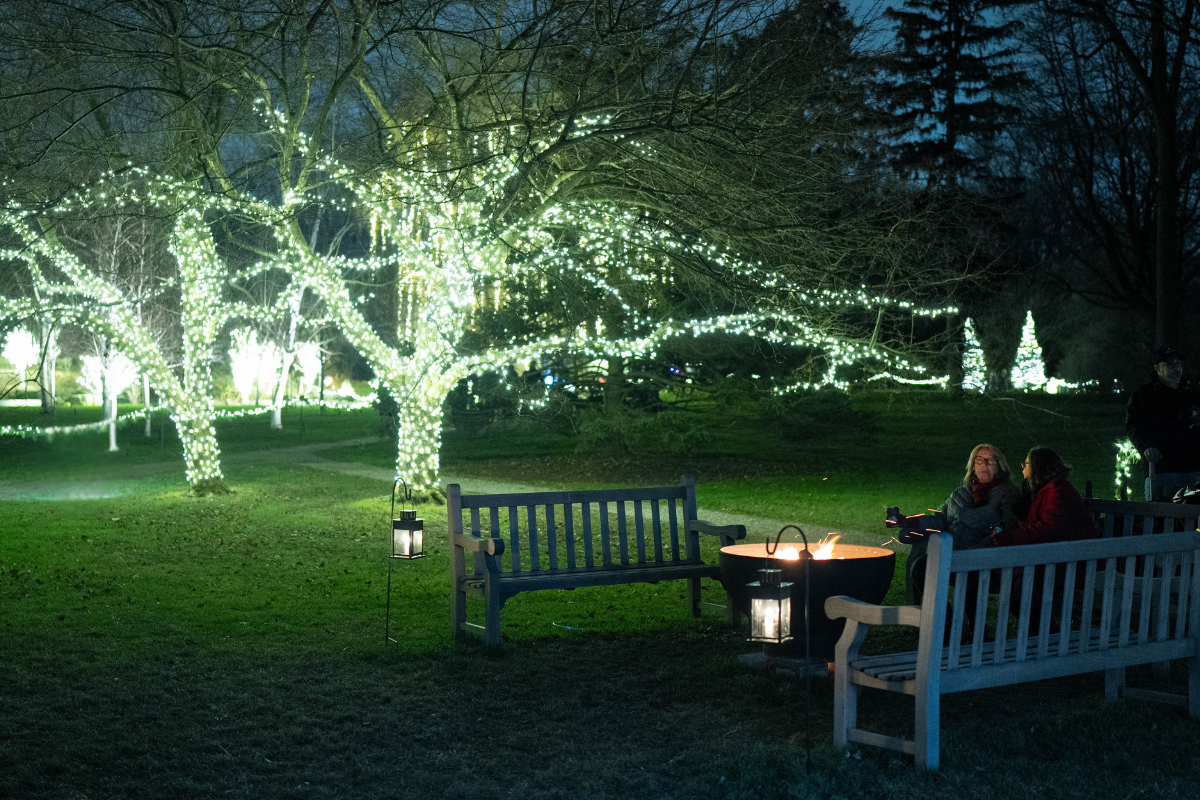 Guests sit beside a glowing fire pit surrounded by benches and trees wrapped in white holiday lights at Ford House.