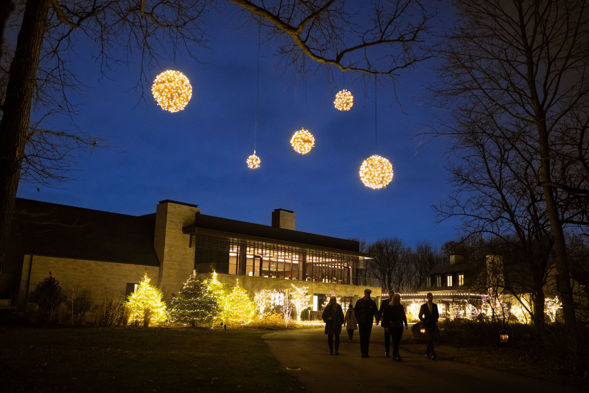 Guests stroll toward the illuminated Visitor Center at Ford House under large glowing orb decorations suspended from tree branches.