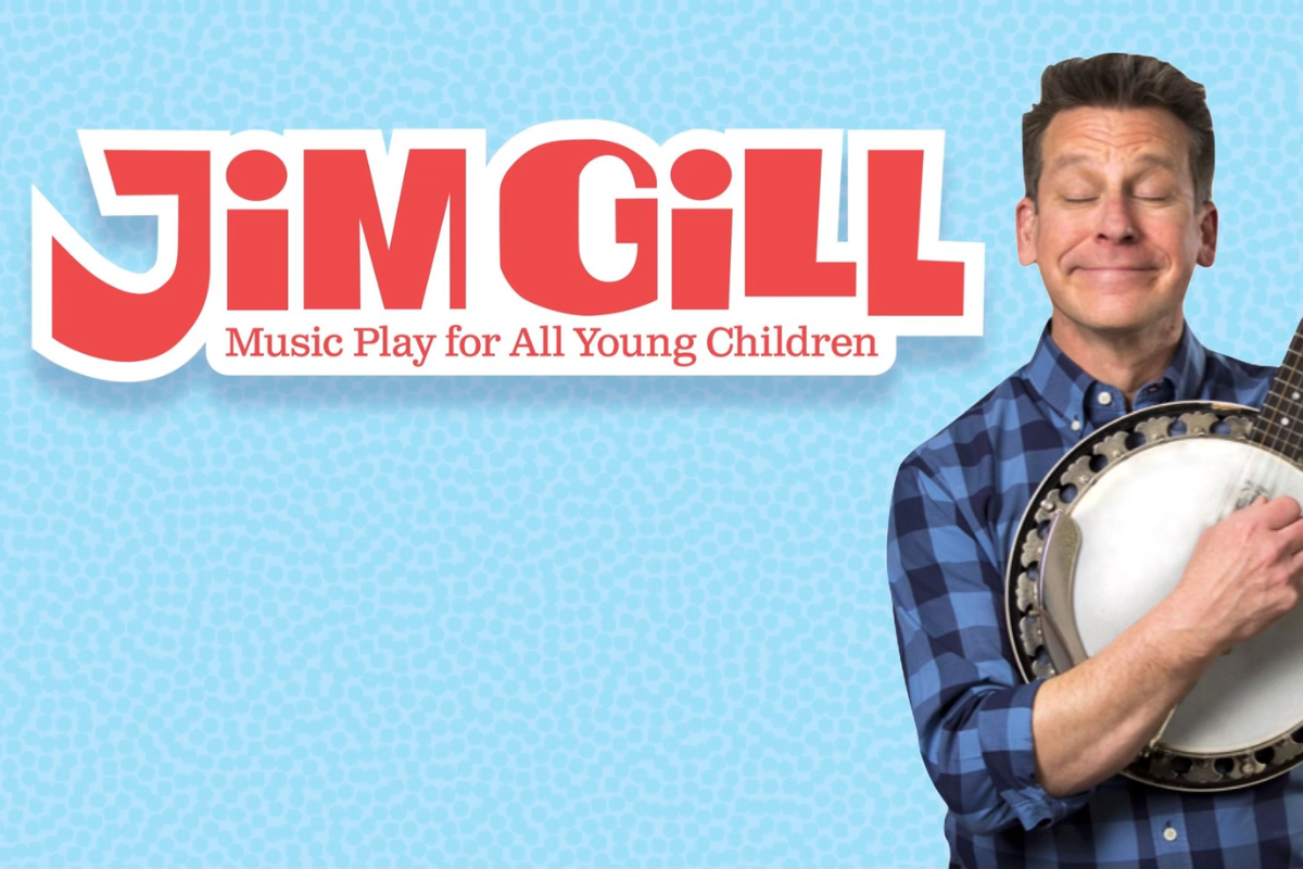 Jim Gill, a children’s music entertainer, smiling with eyes closed while holding a banjo, next to his red logo that reads "Jim Gill: Music Play for All Young Children" on a light blue patterned background.