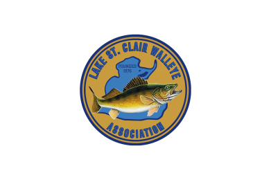 Lake St. Clair Walleye Association logo featuring a realistic walleye fish over a gold circle with a blue Michigan outline and “Founded 1976” text.
