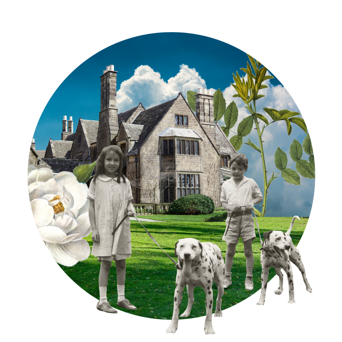 Collage-style image featuring a historic photo of Josephine and William Clay Ford as children walking two dalmatians on the lawn outside the Main Residence at Ford House. The background shows the estate's stately stone architecture beneath a blue sky with fluffy clouds, accented by oversized botanical illustrations of a white flower, green leaves, and a honeybee.