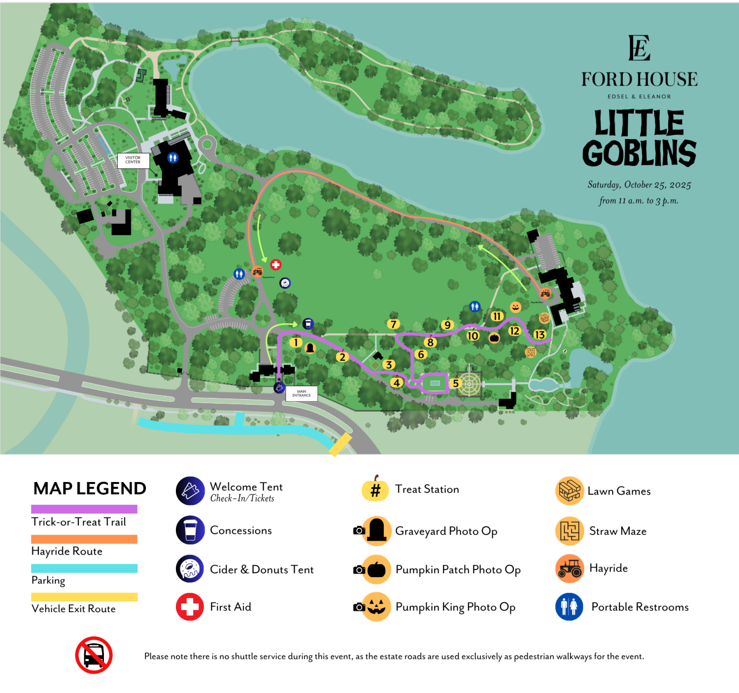 Illustrated event map of Ford House’s Little Goblins on October 25, 2025, showing the trick-or-treat trail, hayride route, parking areas, concessions, cider and donuts tent, treat stations, photo opportunities, straw maze, lawn games, and portable restrooms across the estate grounds.