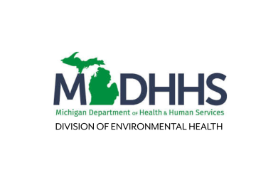 Logo for MDHHS showing the acronym with a green Michigan state map integrated into the letters, and text reading “Division of Environmental Health” below.