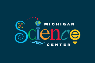 Michigan Science Center logo with the word “Science” in colorful, playful fonts, incorporating symbols like an atom, globe, waves, and a lightbulb.