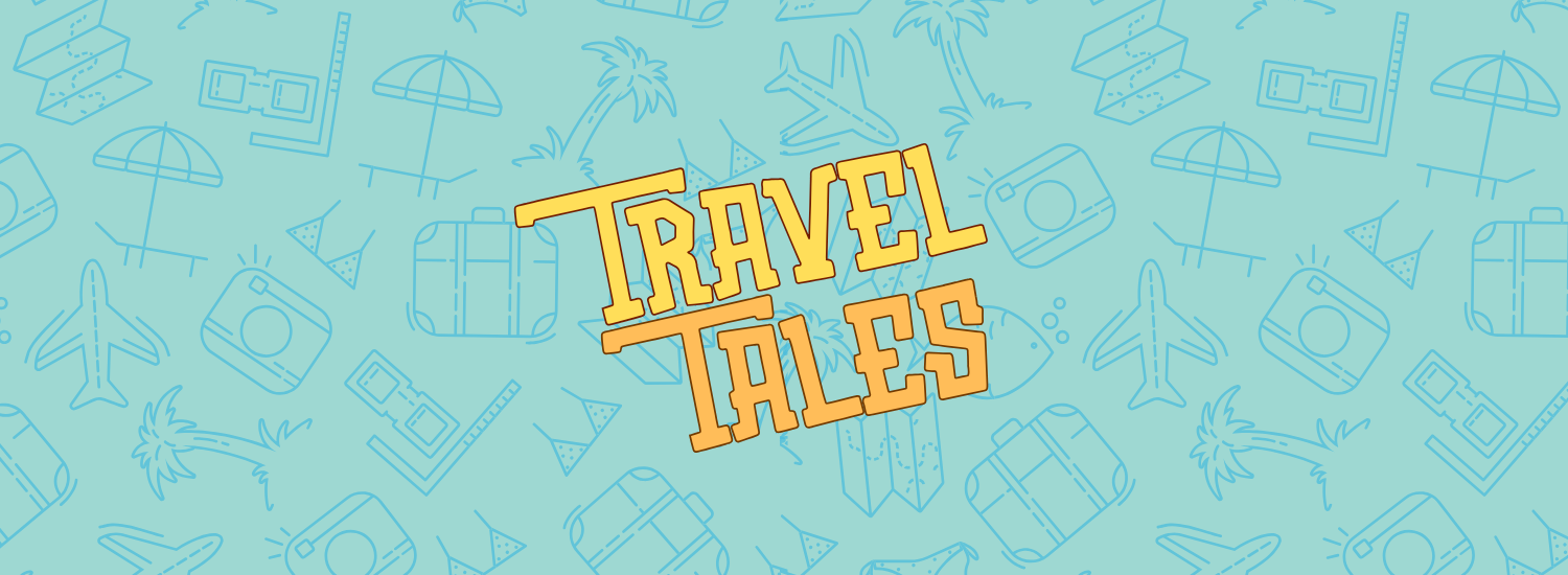 Graphic with the words “Travel Tales” in bold, playful yellow lettering with an orange outline, centered on a light blue background decorated with travel-themed line drawings — including palm trees, airplanes, suitcases, maps, a camera, a bikini, fish, and an umbrella. The pattern suggests fun, adventure, and vacation vibes.